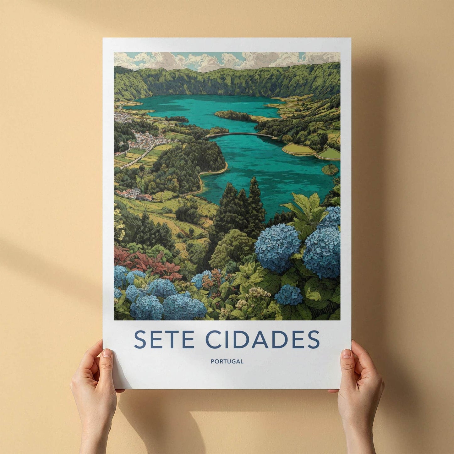 Sete Cidades Poster - Portugal Travel Art - Hydrangea Lake Vista Wall Decor