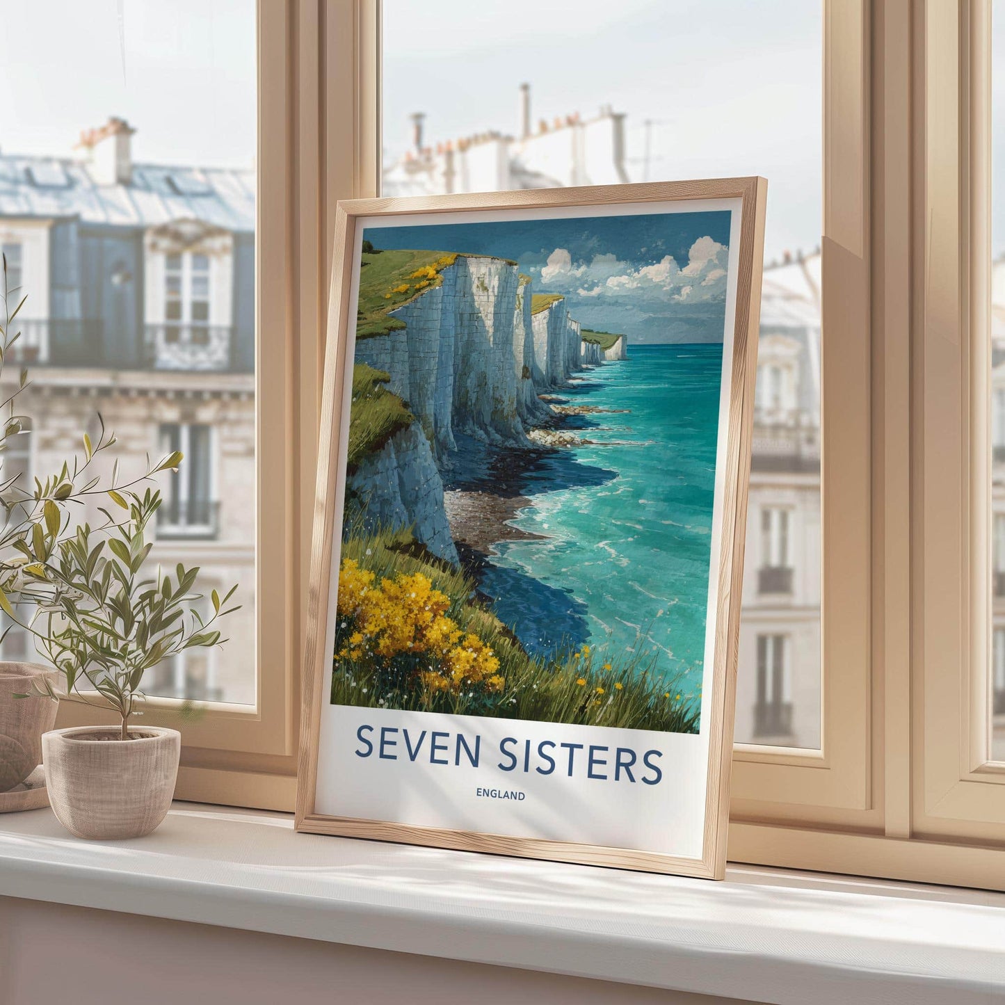 Seven Sisters Poster - England Travel Art - Chalk Cliffs Seascape Wall Decor