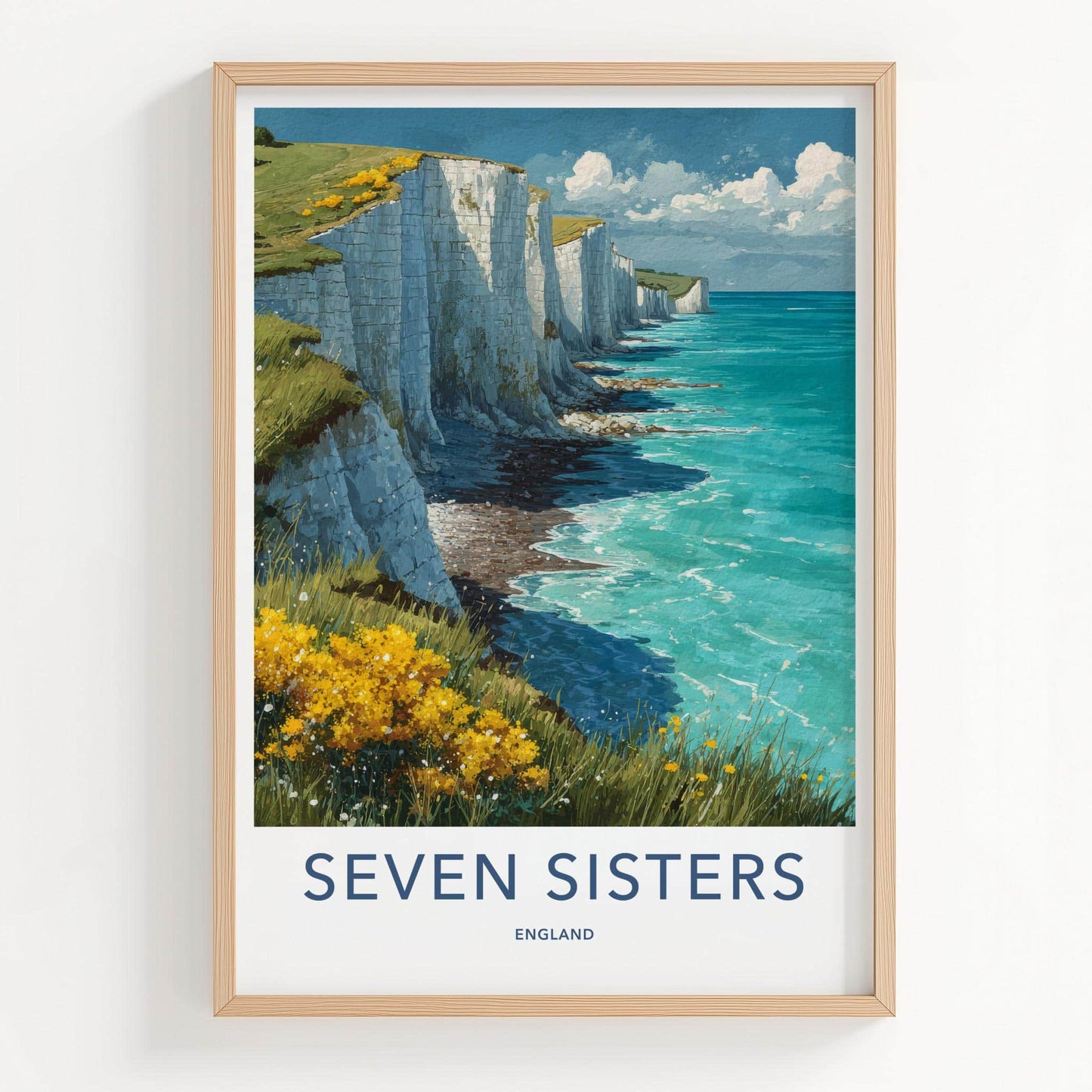 Seven Sisters Poster - England Travel Art - Chalk Cliffs Seascape Wall Decor