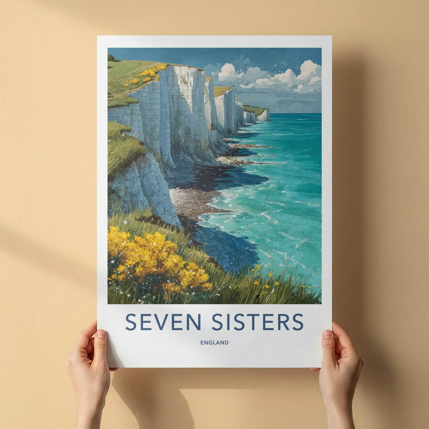 Seven Sisters Poster - England Travel Art - Chalk Cliffs Seascape Wall Decor