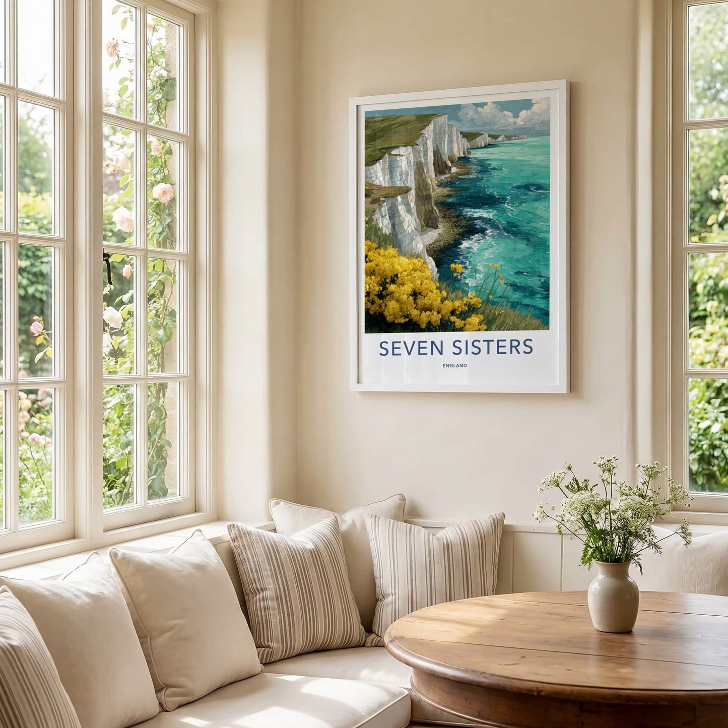 Seven Sisters Poster - England Travel Art - Cliffs Ocean Flowers Home Decor