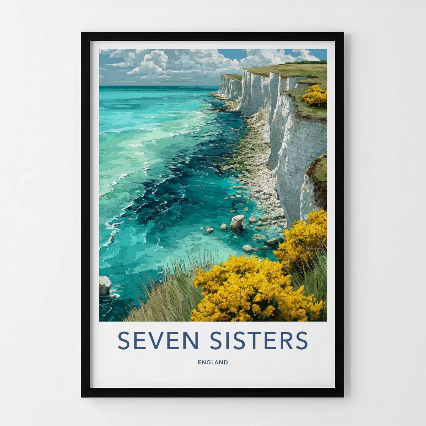 Seven Sisters Poster - England Travel Art - White Cliffs Turquoise Home Decor