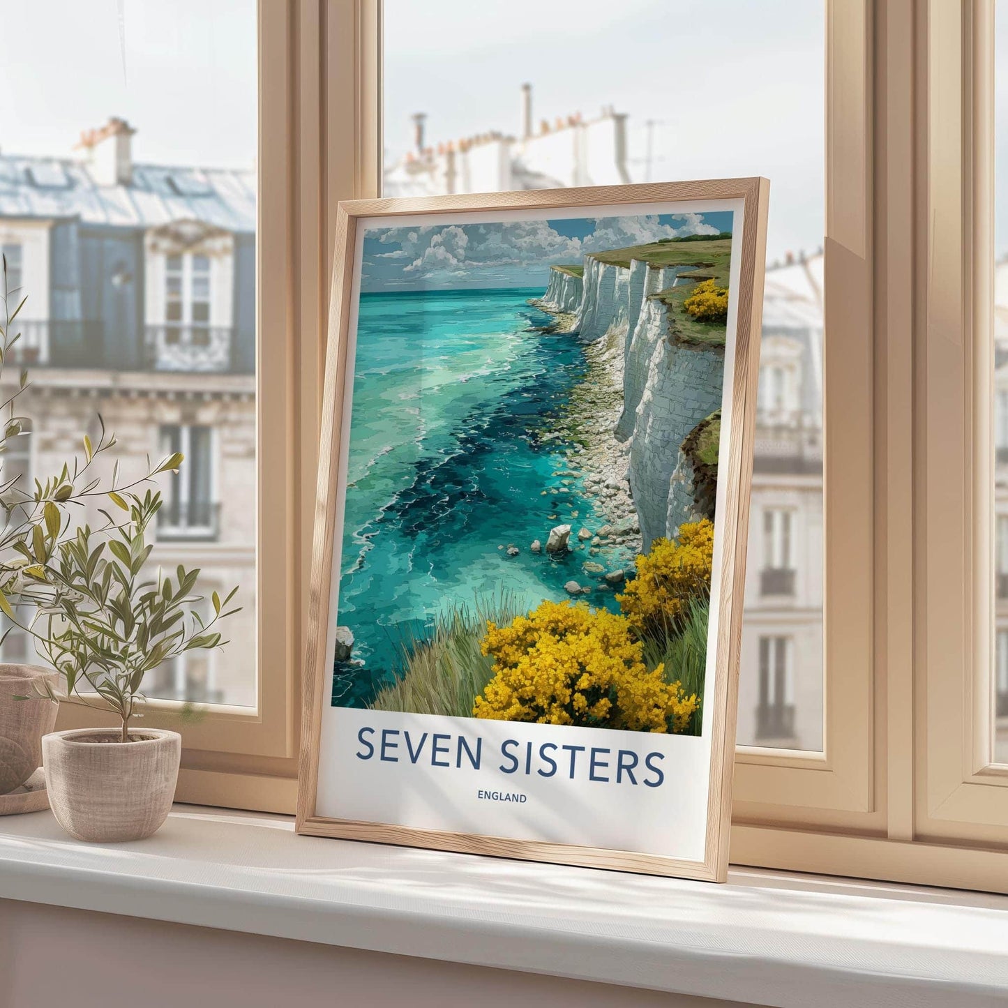 Seven Sisters Poster - England Travel Art - White Cliffs Turquoise Home Decor