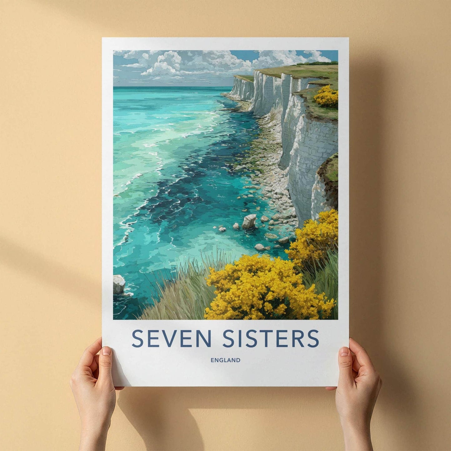 Seven Sisters Poster - England Travel Art - White Cliffs Turquoise Home Decor