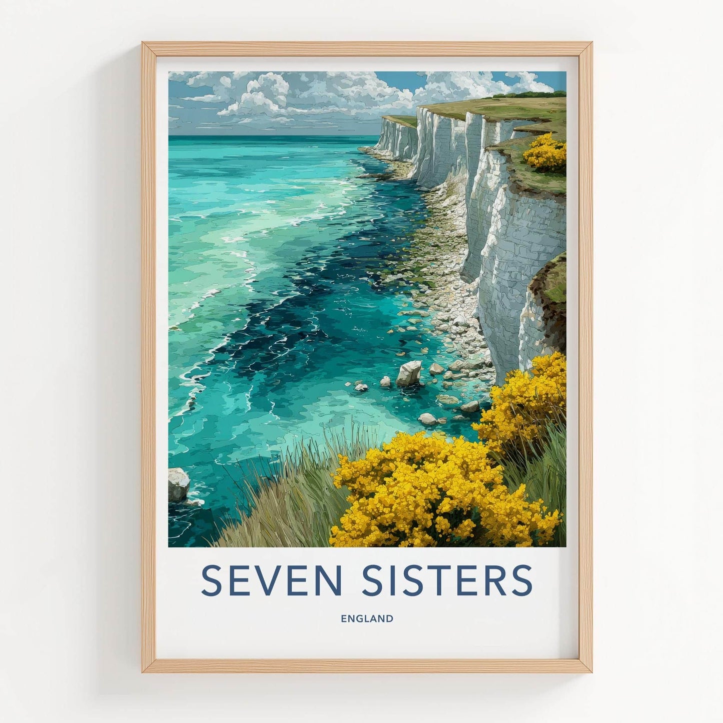 Seven Sisters Poster - England Travel Art - White Cliffs Turquoise Home Decor