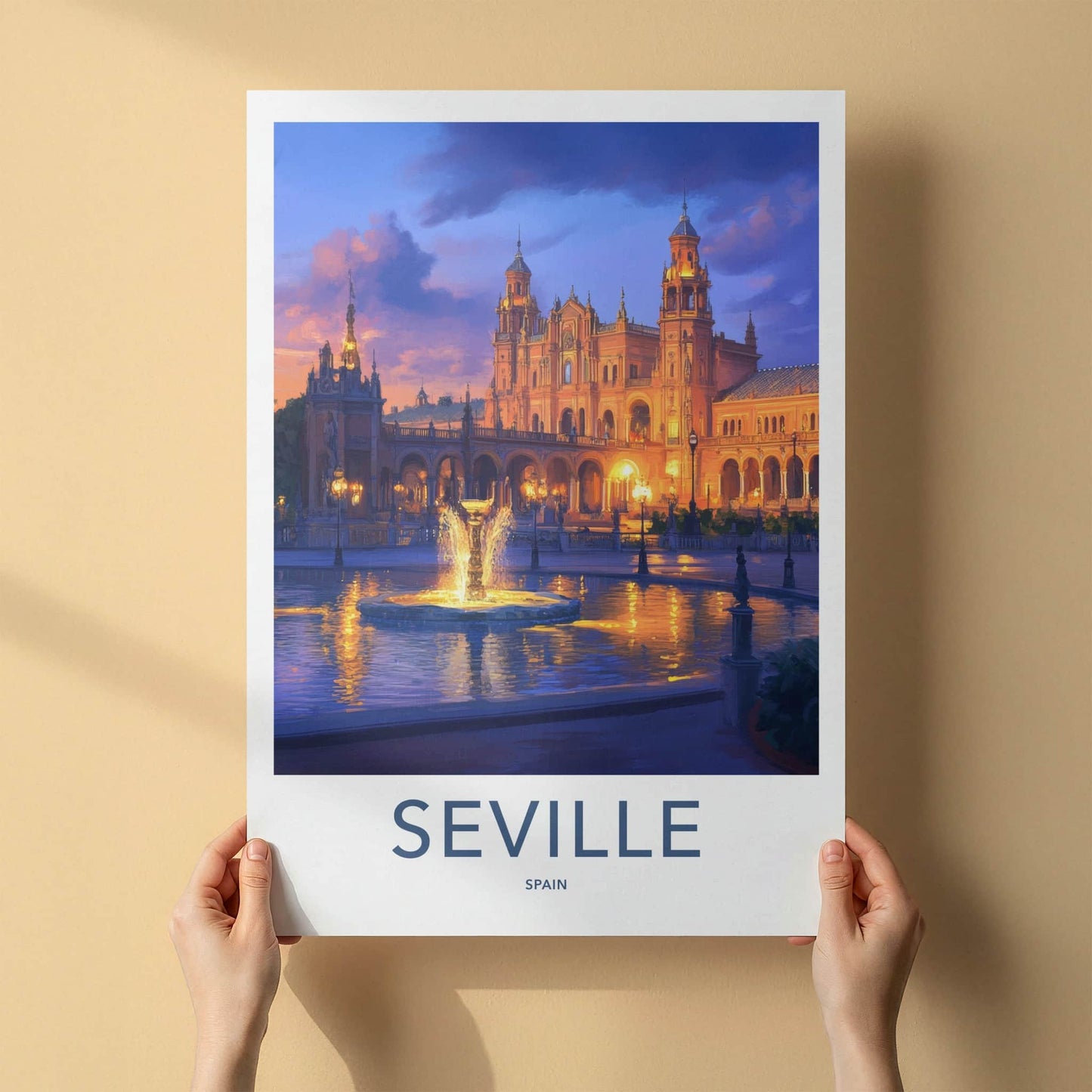 Seville Poster - Spain Travel Art - Illuminated Plaza Fountain Home Decor