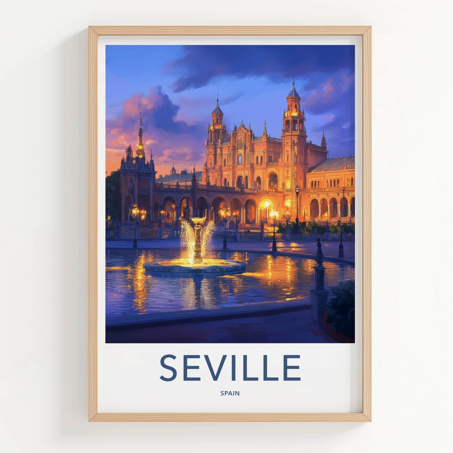 Seville Poster - Spain Travel Art - Illuminated Plaza Fountain Home Decor