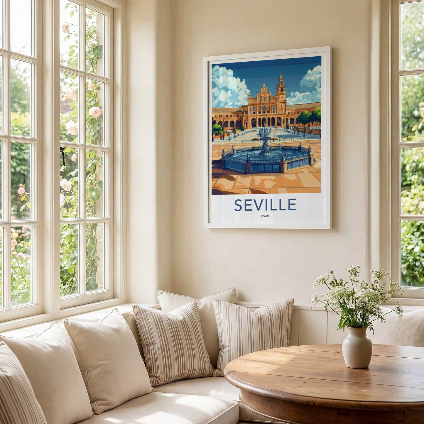 Seville Poster - Spain Travel Print - Grand Plaza Fountain Home Decor