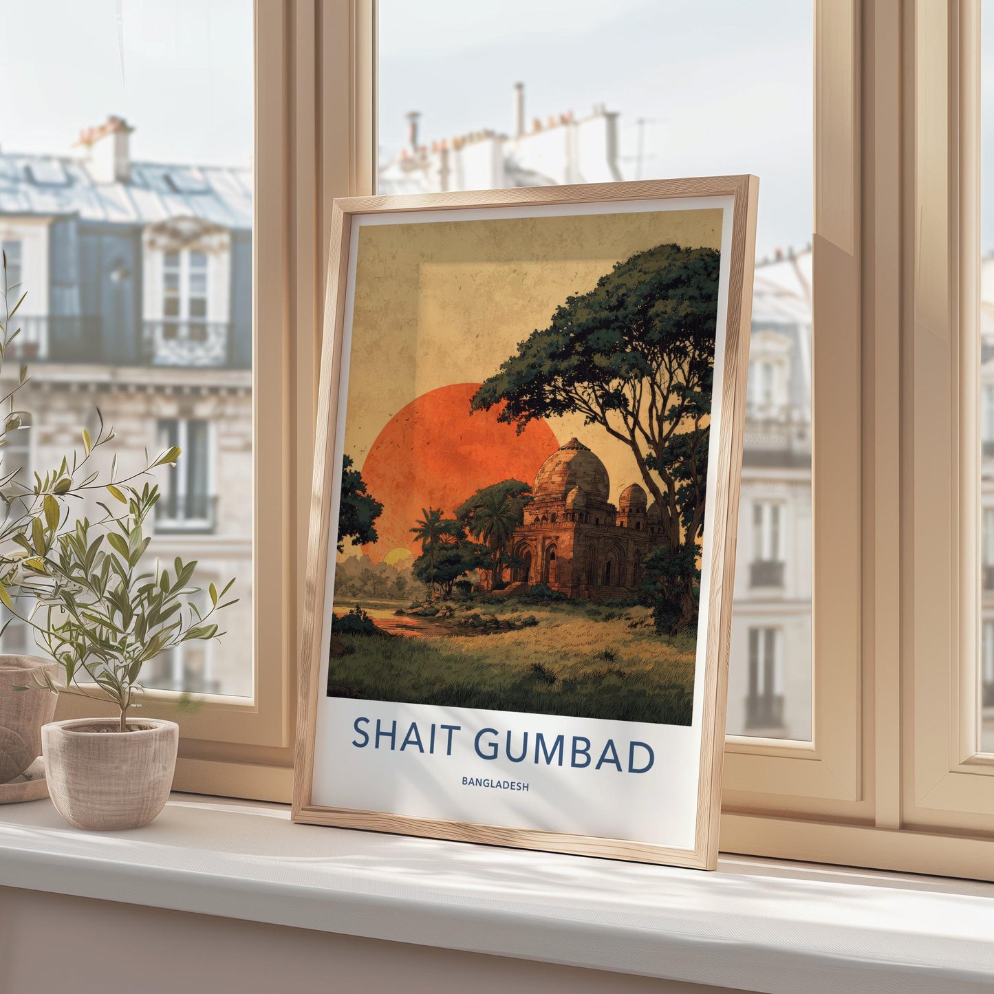 Shait Gumbad Poster - Bangladesh Travel Art - Ancient Mosque Sunset Home Decor