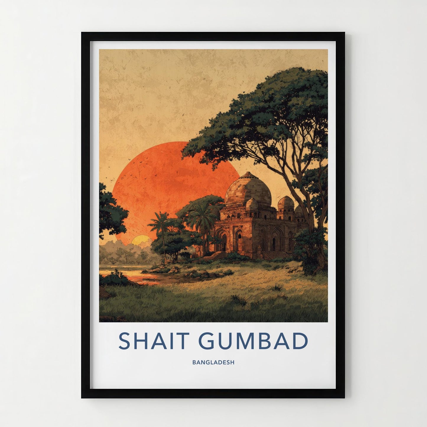 Shait Gumbad Poster - Bangladesh Travel Art - Ancient Mosque Sunset Home Decor