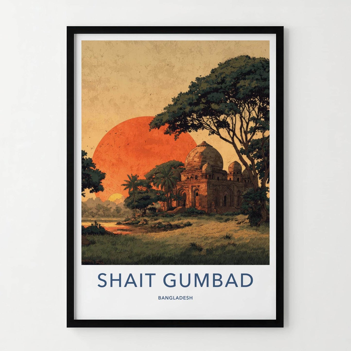 Shait Gumbad Poster - Bangladesh Travel Art - Ancient Mosque Sunset Home Decor