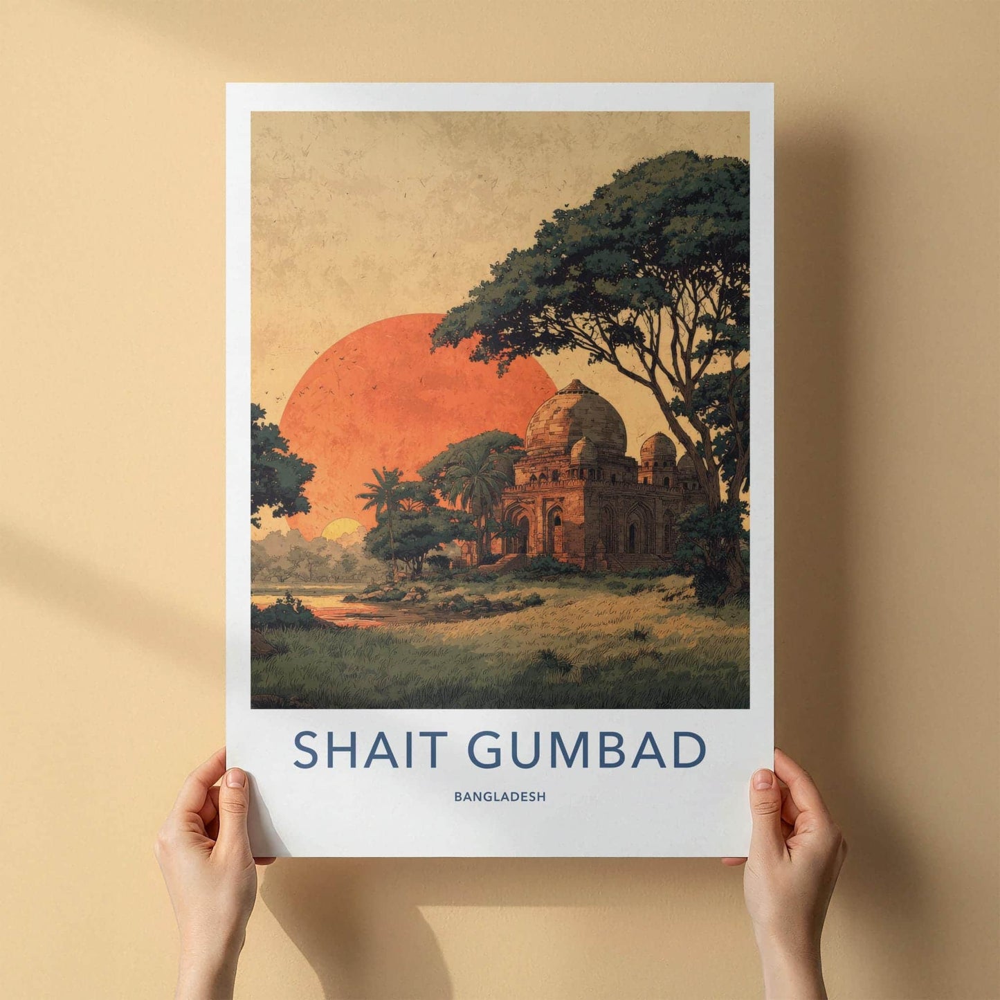 Shait Gumbad Poster - Bangladesh Travel Art - Ancient Mosque Sunset Home Decor