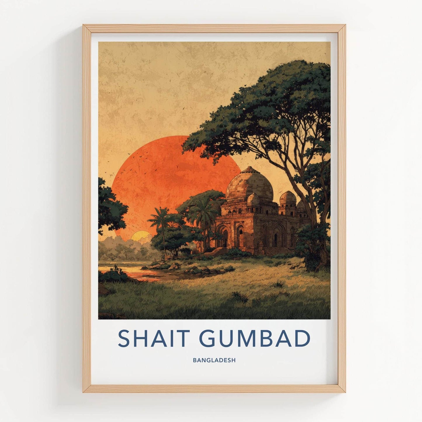 Shait Gumbad Poster - Bangladesh Travel Art - Ancient Mosque Sunset Home Decor