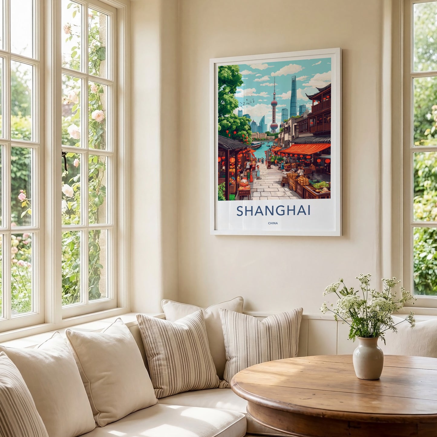 Shanghai Poster - China Travel Art - Bustling Riverfront Market Wall Decor