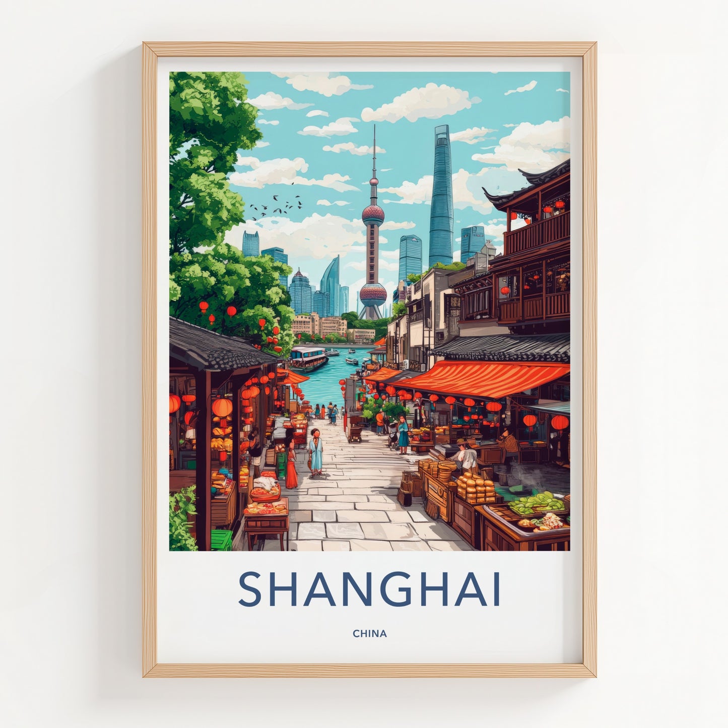 Shanghai Poster - China Travel Art - Bustling Riverfront Market Wall Decor