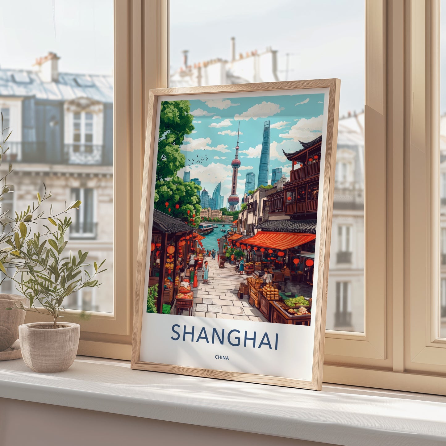 Shanghai Poster - China Travel Art - Bustling Riverfront Market Wall Decor