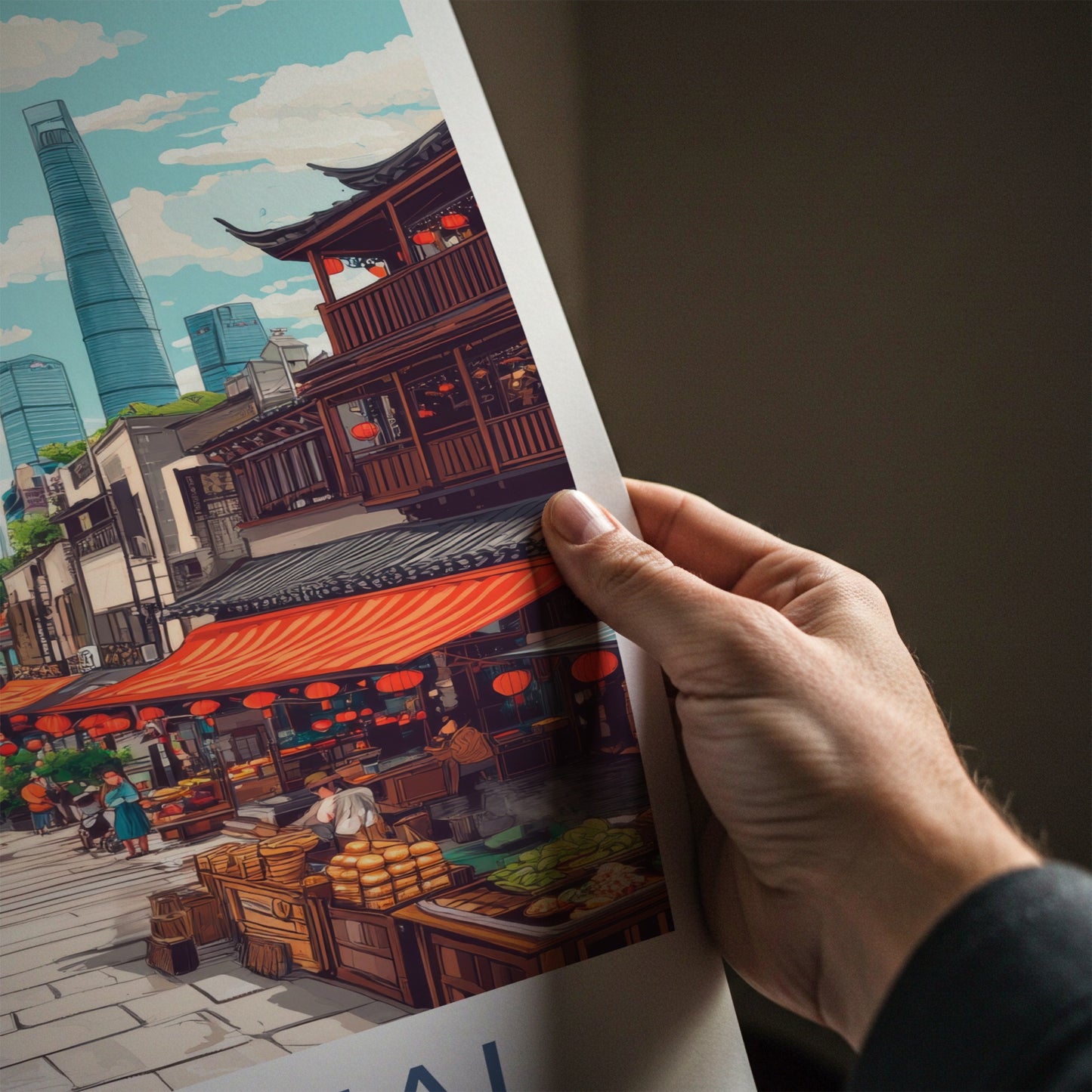 Shanghai Poster - China Travel Art - Bustling Riverfront Market Wall Decor