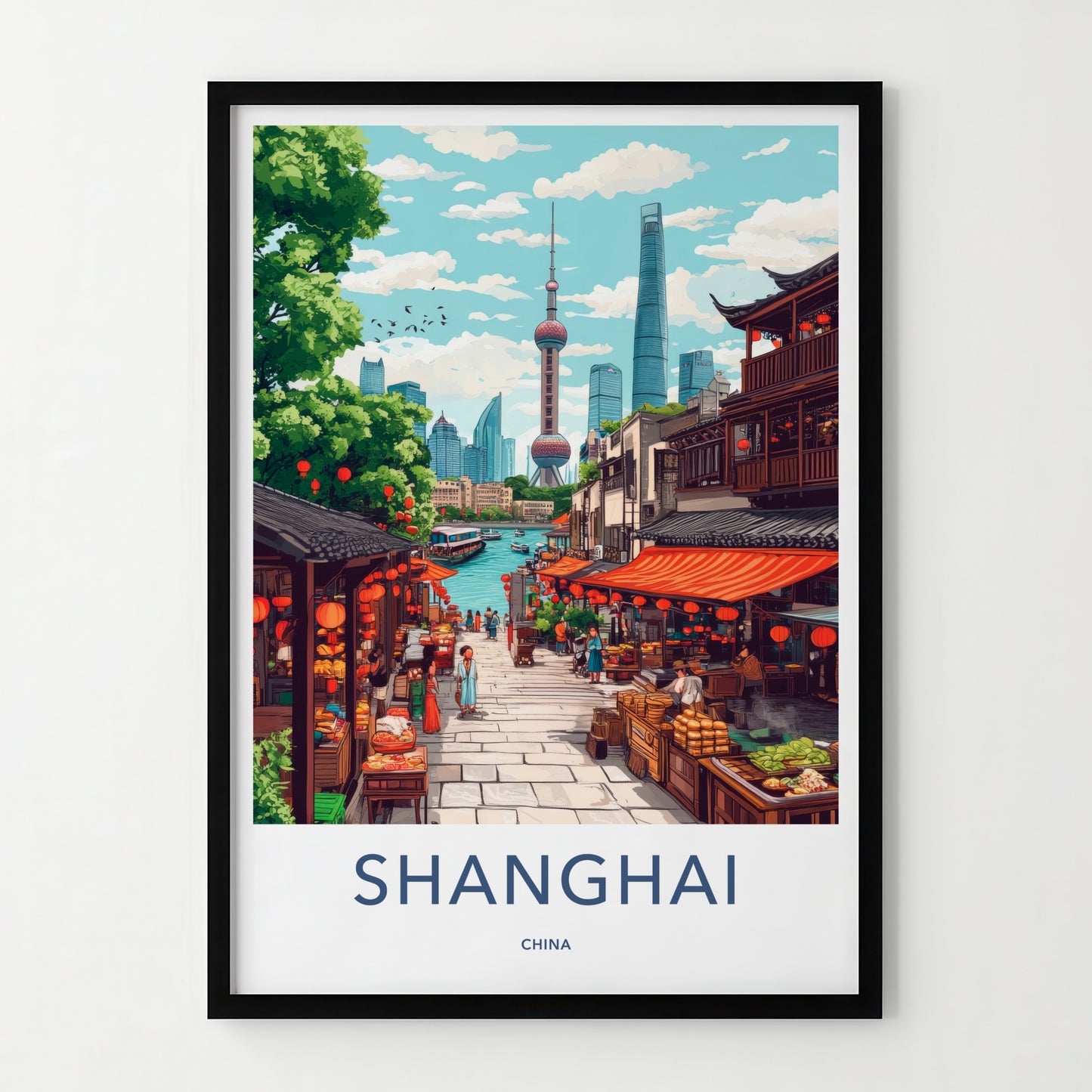 Shanghai Poster - China Travel Art - Bustling Riverfront Market Wall Decor