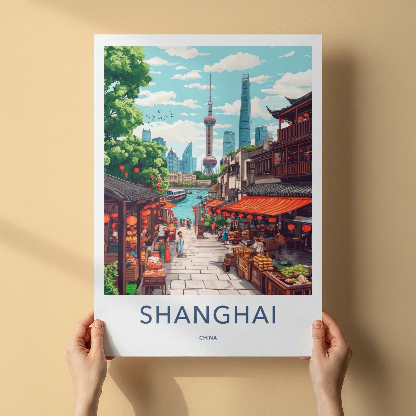 Shanghai Poster - China Travel Art - Bustling Riverfront Market Wall Decor