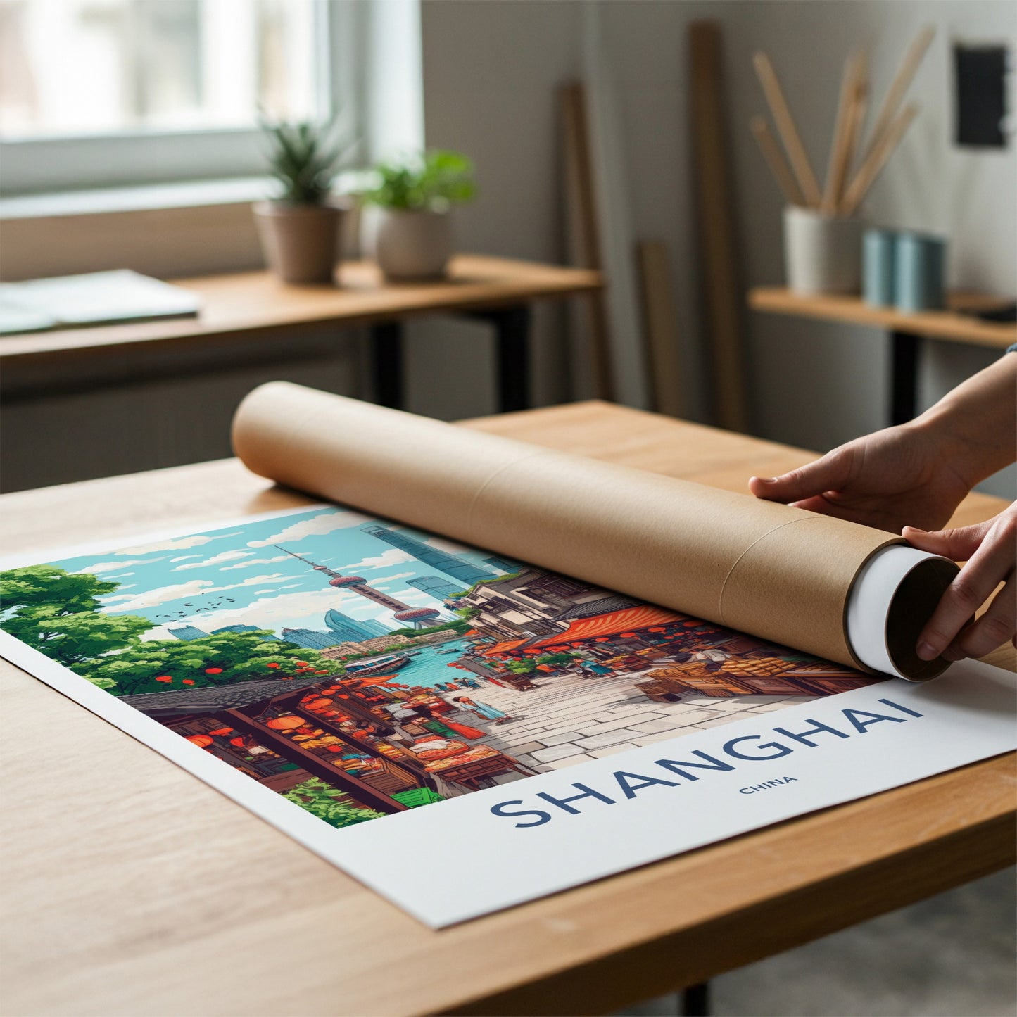 Shanghai Poster - China Travel Art - Bustling Riverfront Market Wall Decor