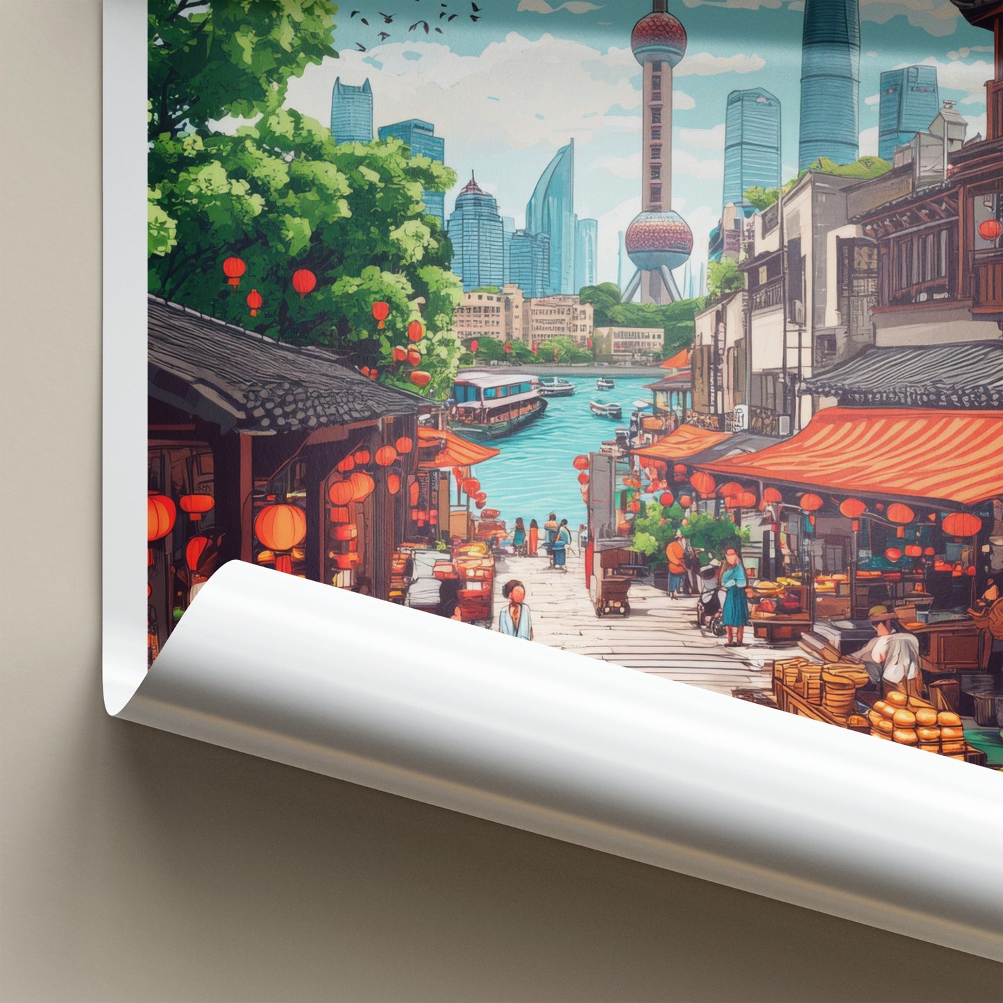 Shanghai Poster - China Travel Art - Bustling Riverfront Market Wall Decor