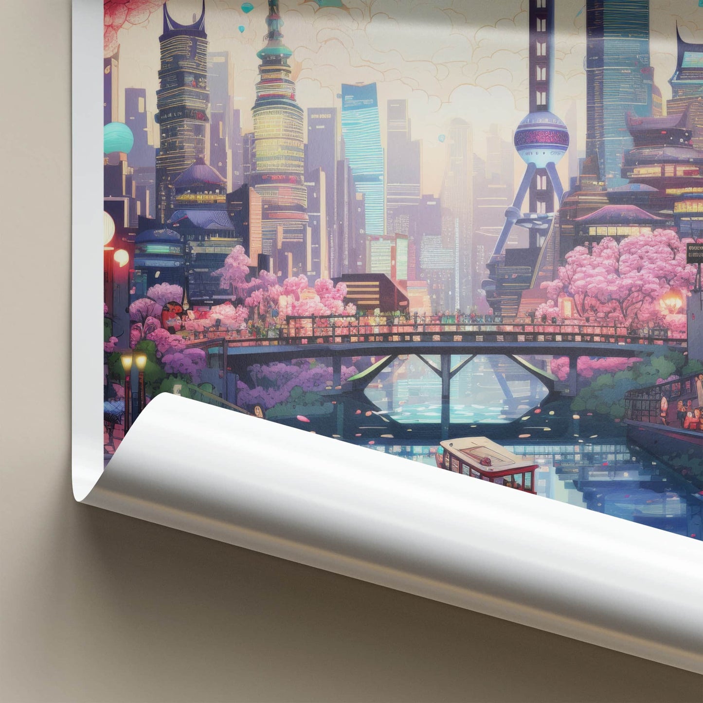 Shanghai Poster - China Travel Art - Futuristic Cityscape River Home Decor