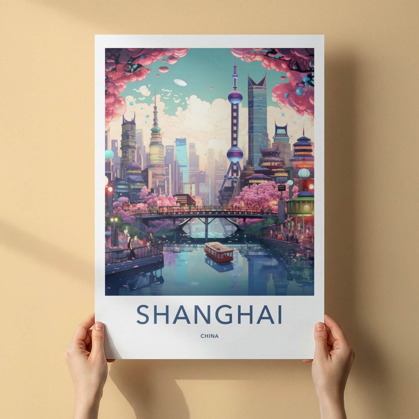 Shanghai Poster - China Travel Art - Futuristic Cityscape River Home Decor