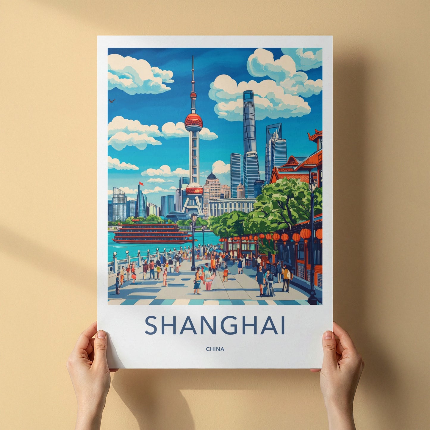 Shanghai Poster - China Travel Art - Riverfront Cityscape Promenade Home Decor