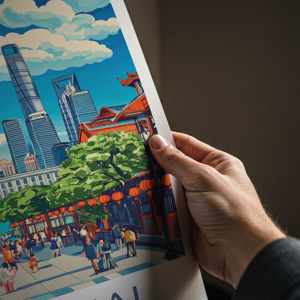 Shanghai Poster - China Travel Art - Riverfront Cityscape Promenade Home Decor