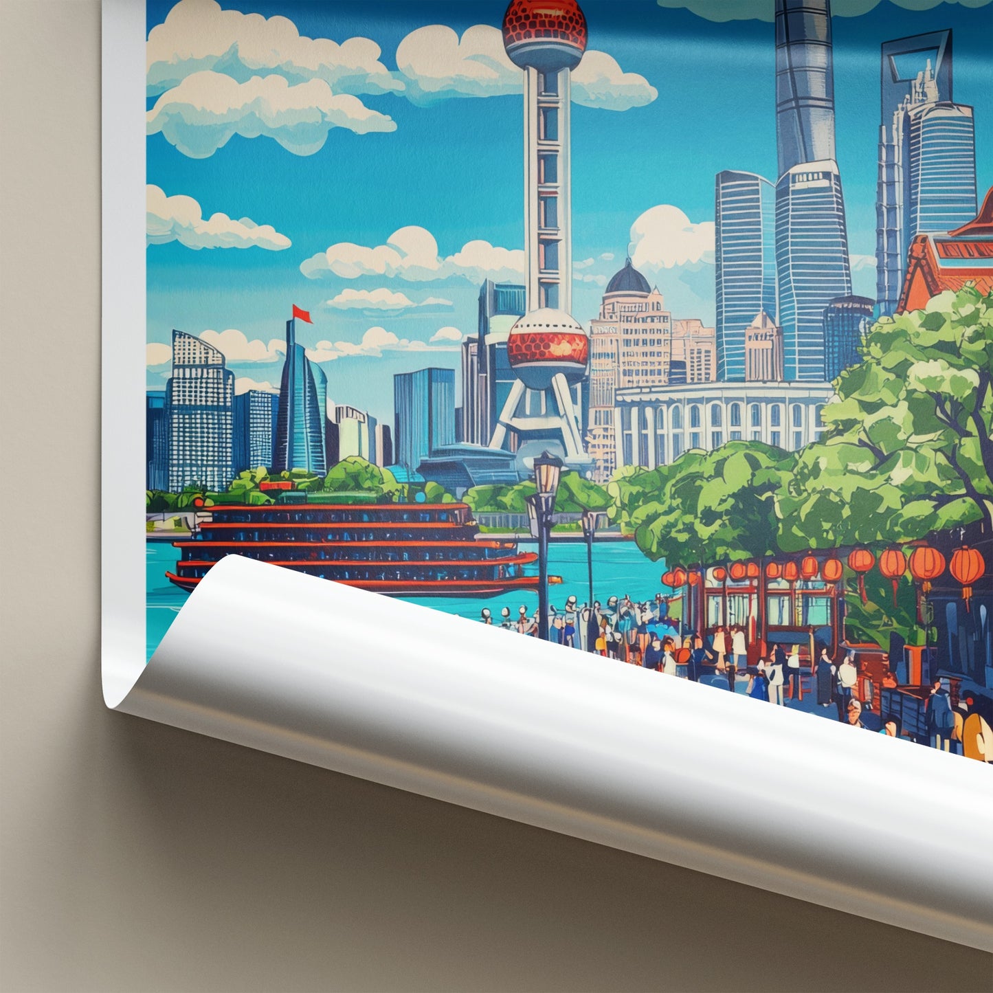 Shanghai Poster - China Travel Art - Riverfront Cityscape Promenade Home Decor