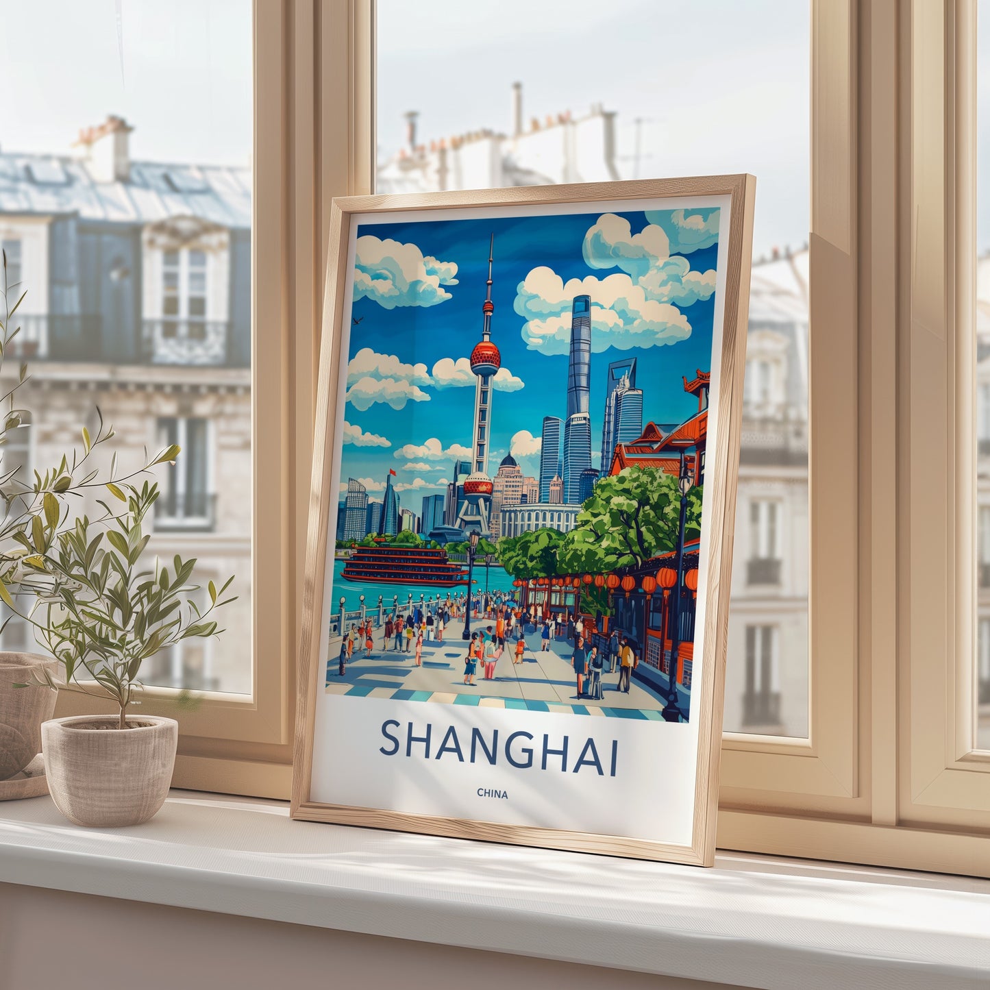 Shanghai Poster - China Travel Art - Riverfront Cityscape Promenade Home Decor
