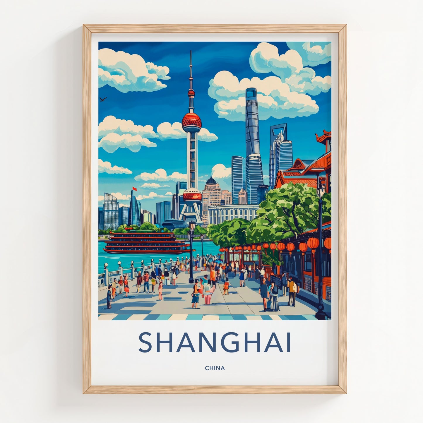 Shanghai Poster - China Travel Art - Riverfront Cityscape Promenade Home Decor