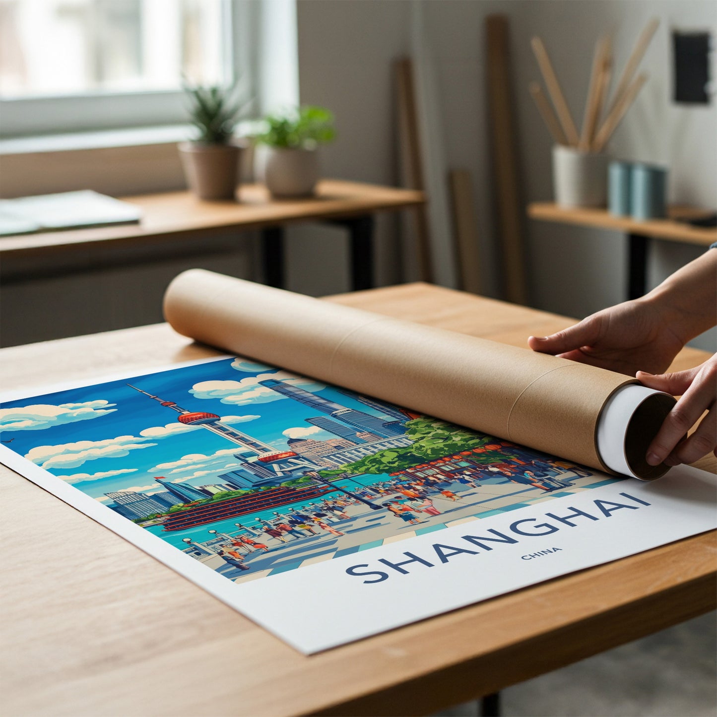 Shanghai Poster - China Travel Art - Riverfront Cityscape Promenade Home Decor