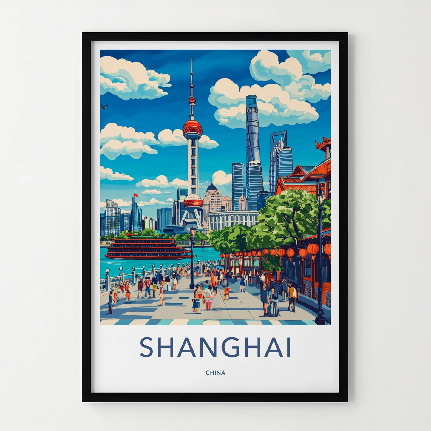 Shanghai Poster - China Travel Art - Riverfront Cityscape Promenade Home Decor