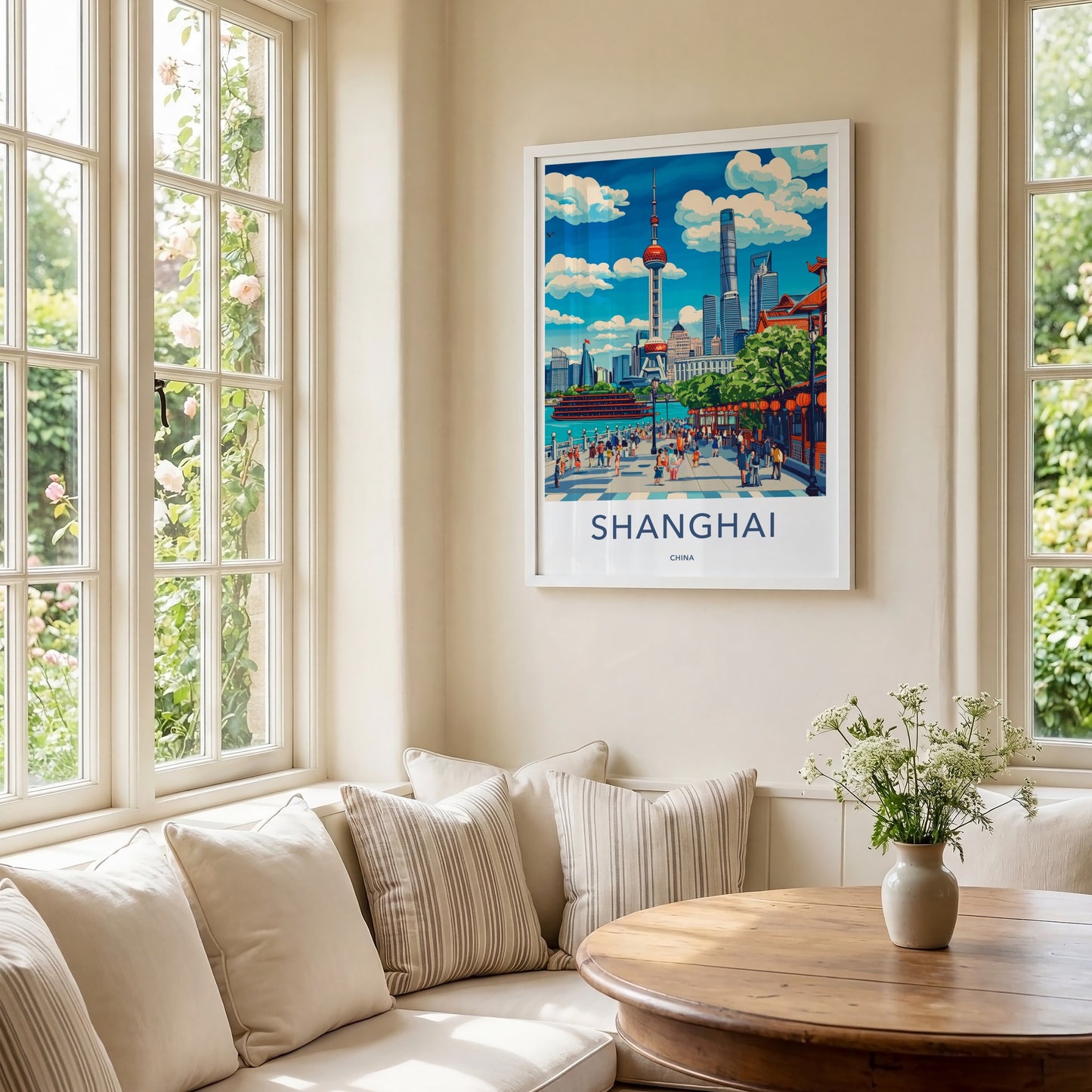 Shanghai Poster - China Travel Art - Riverfront Cityscape Promenade Home Decor