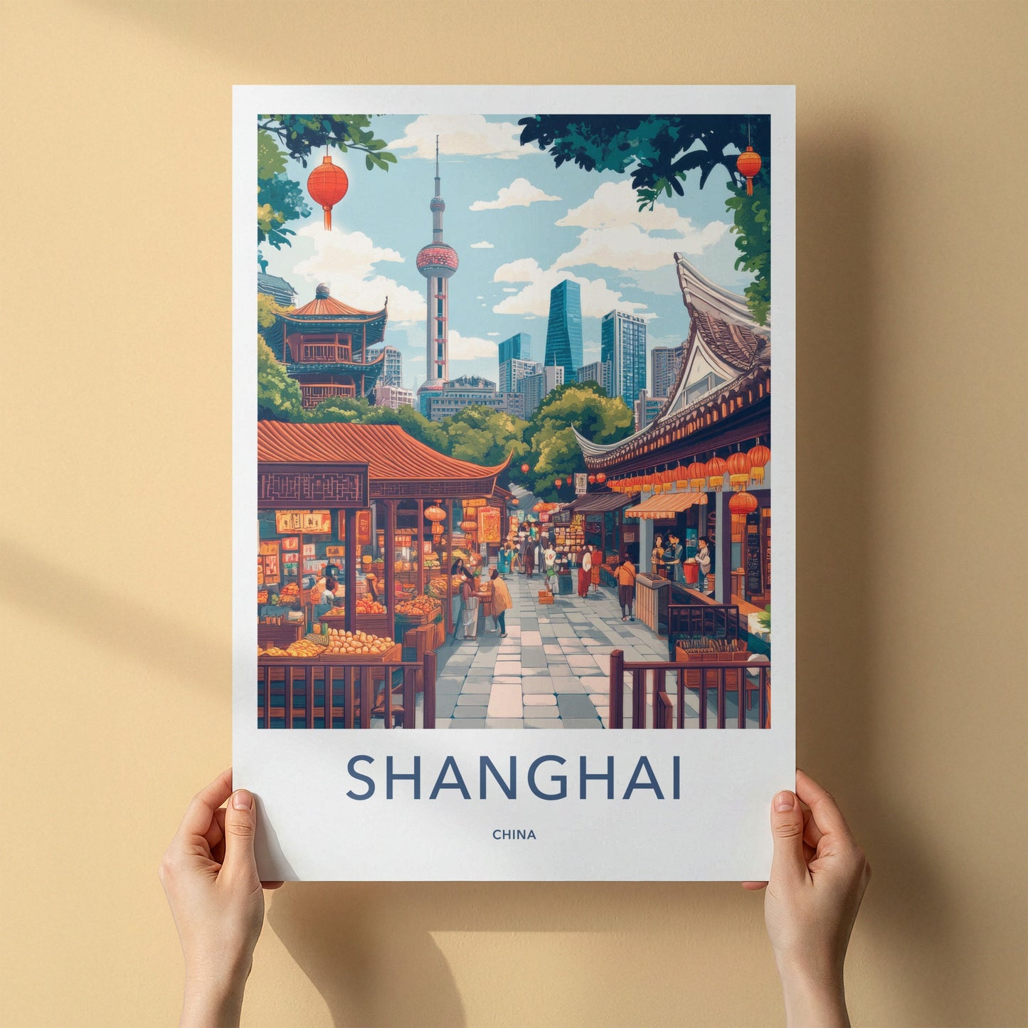 Shanghai Poster - China Travel Art - Vibrant Market Skyline Home Decor