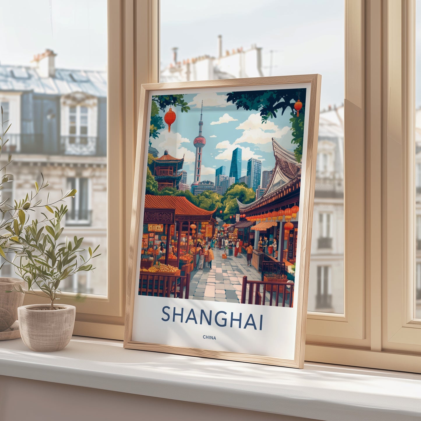 Shanghai Poster - China Travel Art - Vibrant Market Skyline Home Decor