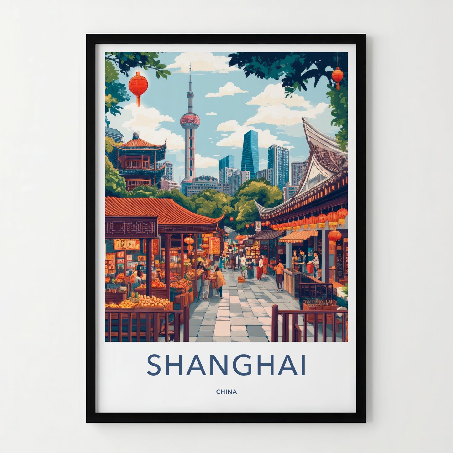 Shanghai Poster - China Travel Art - Vibrant Market Skyline Home Decor