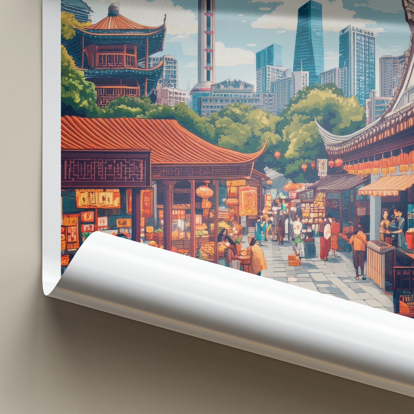 Shanghai Poster - China Travel Art - Vibrant Market Skyline Home Decor