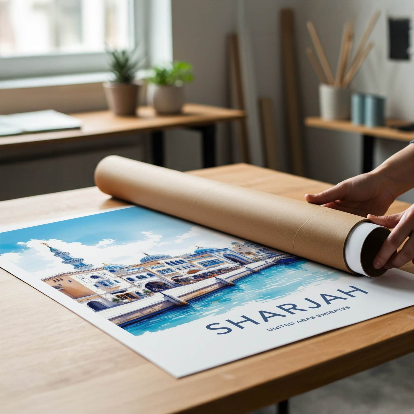Sharjah Poster - United Arab Emirates Travel Art - Canal Domes Minaret Home Decor