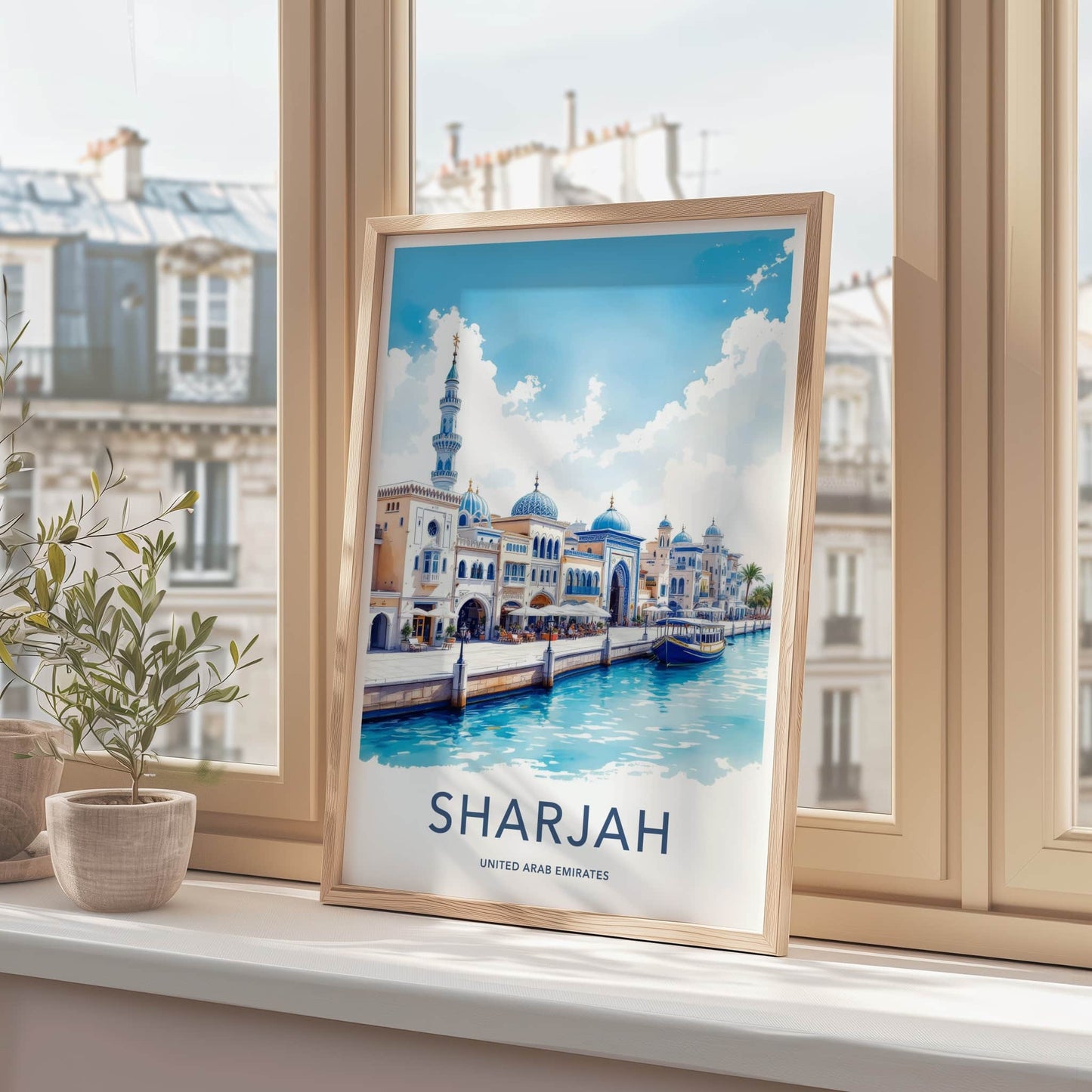 Sharjah Poster - United Arab Emirates Travel Art - Canal Domes Minaret Home Decor