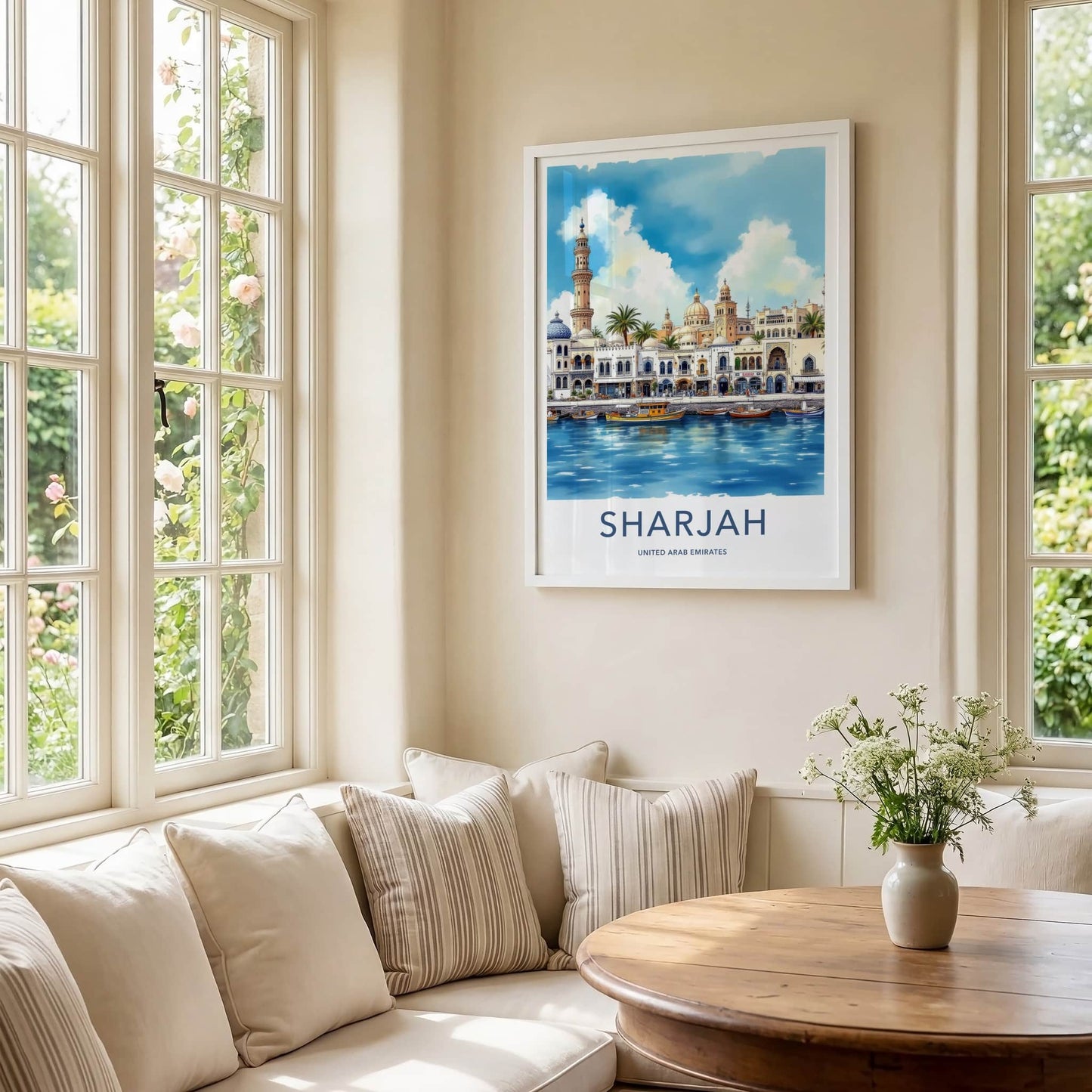 Sharjah Poster - United Arab Emirates Travel Art - Waterfront Buildings Mosque Home Decor