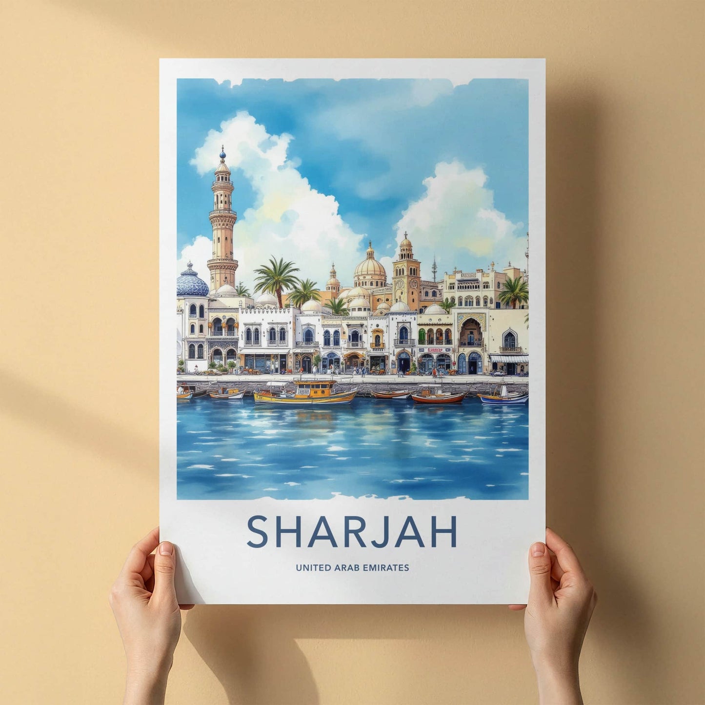 Sharjah Poster - United Arab Emirates Travel Art - Waterfront Buildings Mosque Home Decor