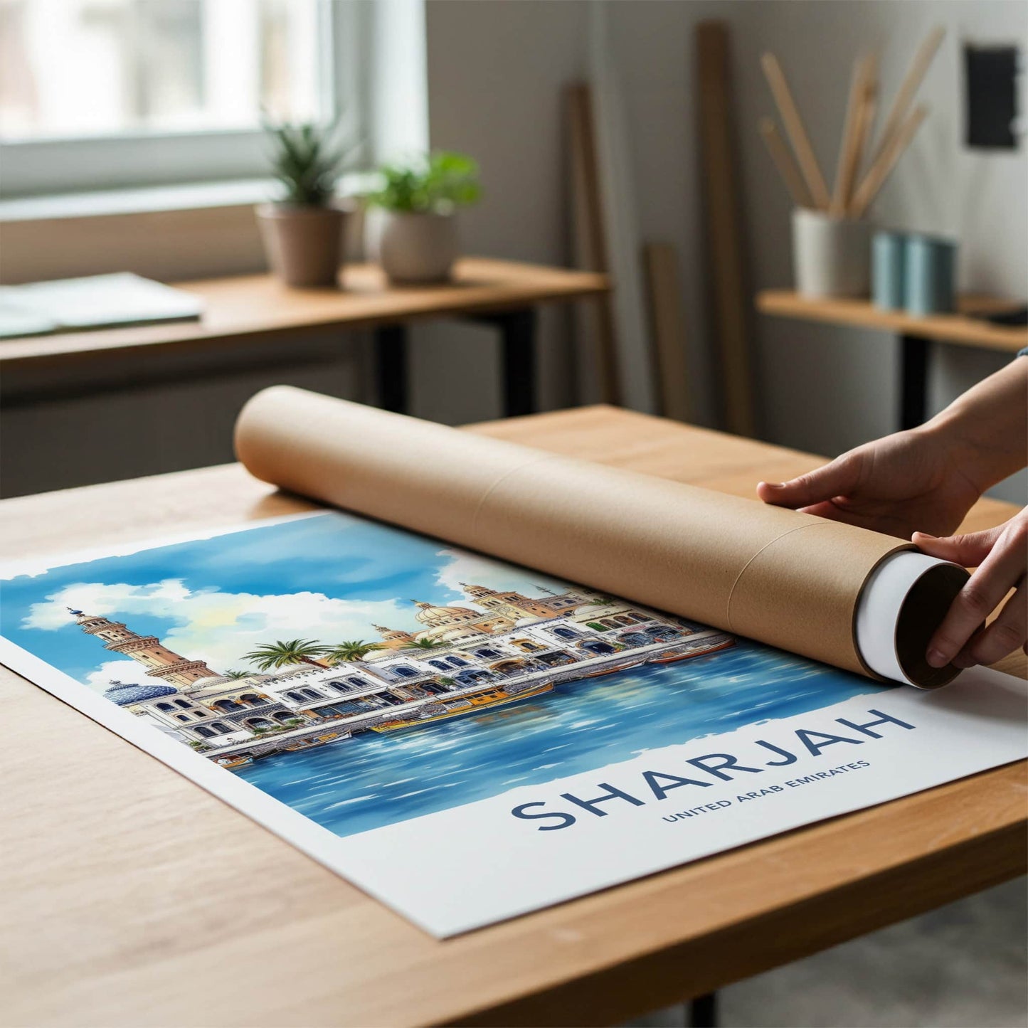Sharjah Poster - United Arab Emirates Travel Art - Waterfront Buildings Mosque Home Decor