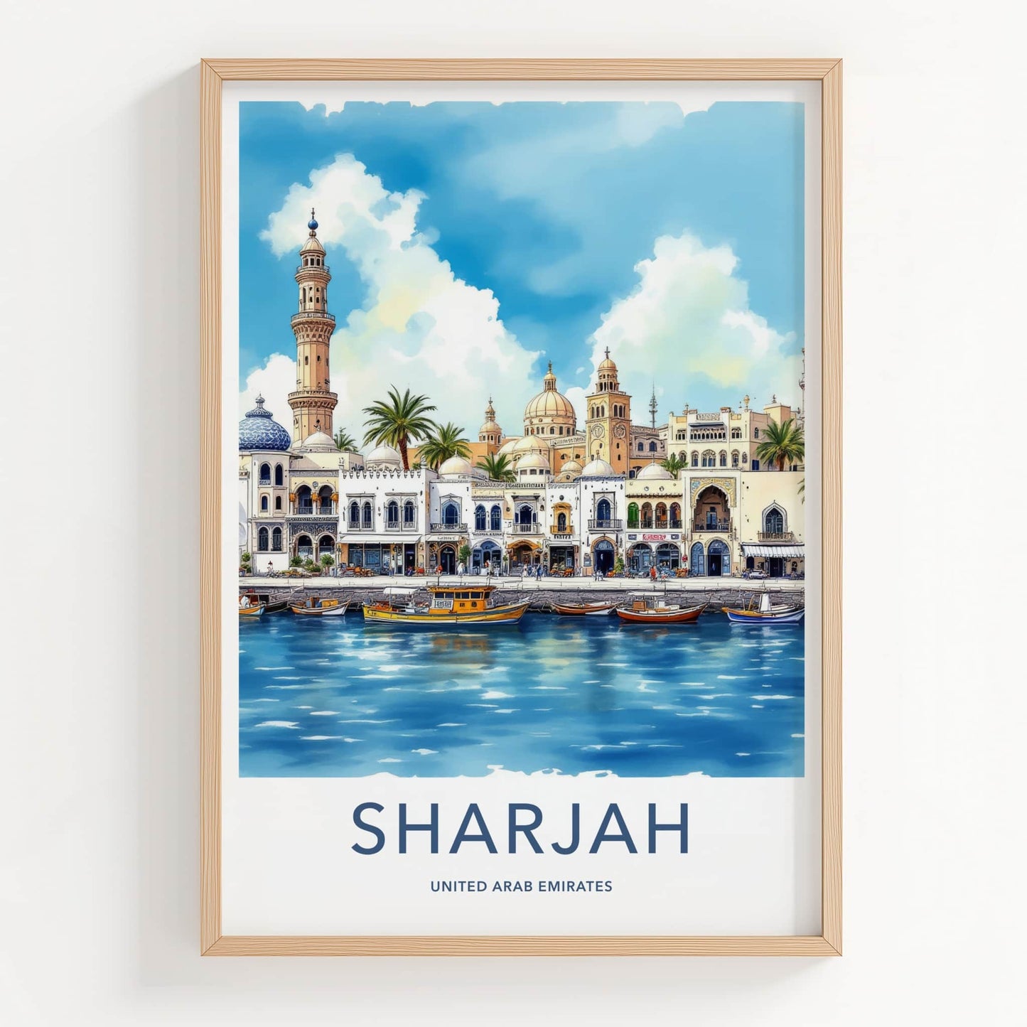 Sharjah Poster - United Arab Emirates Travel Art - Waterfront Buildings Mosque Home Decor
