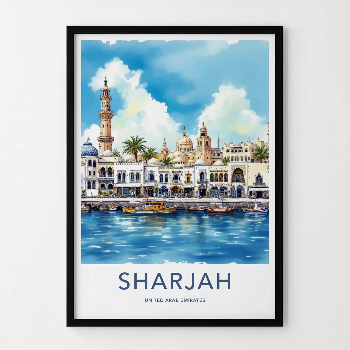 Sharjah Poster - United Arab Emirates Travel Art - Waterfront Buildings Mosque Home Decor