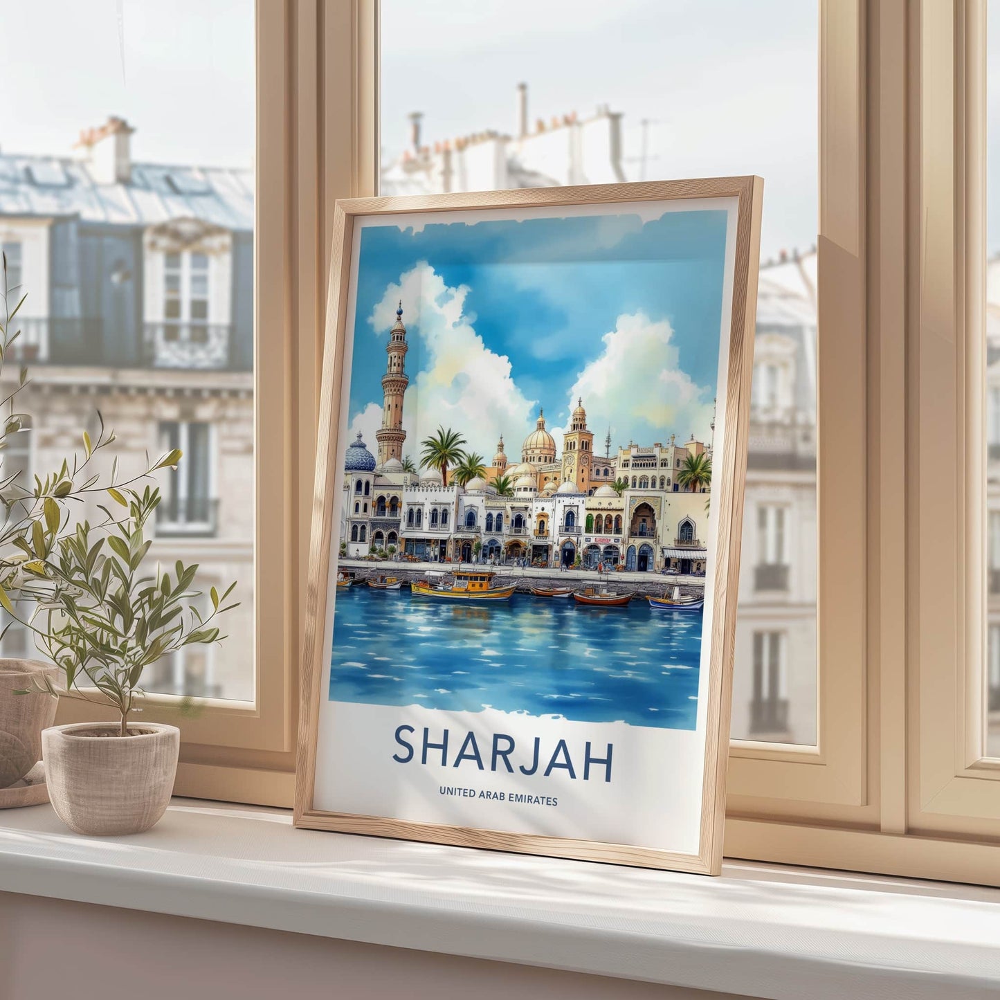 Sharjah Poster - United Arab Emirates Travel Art - Waterfront Buildings Mosque Home Decor