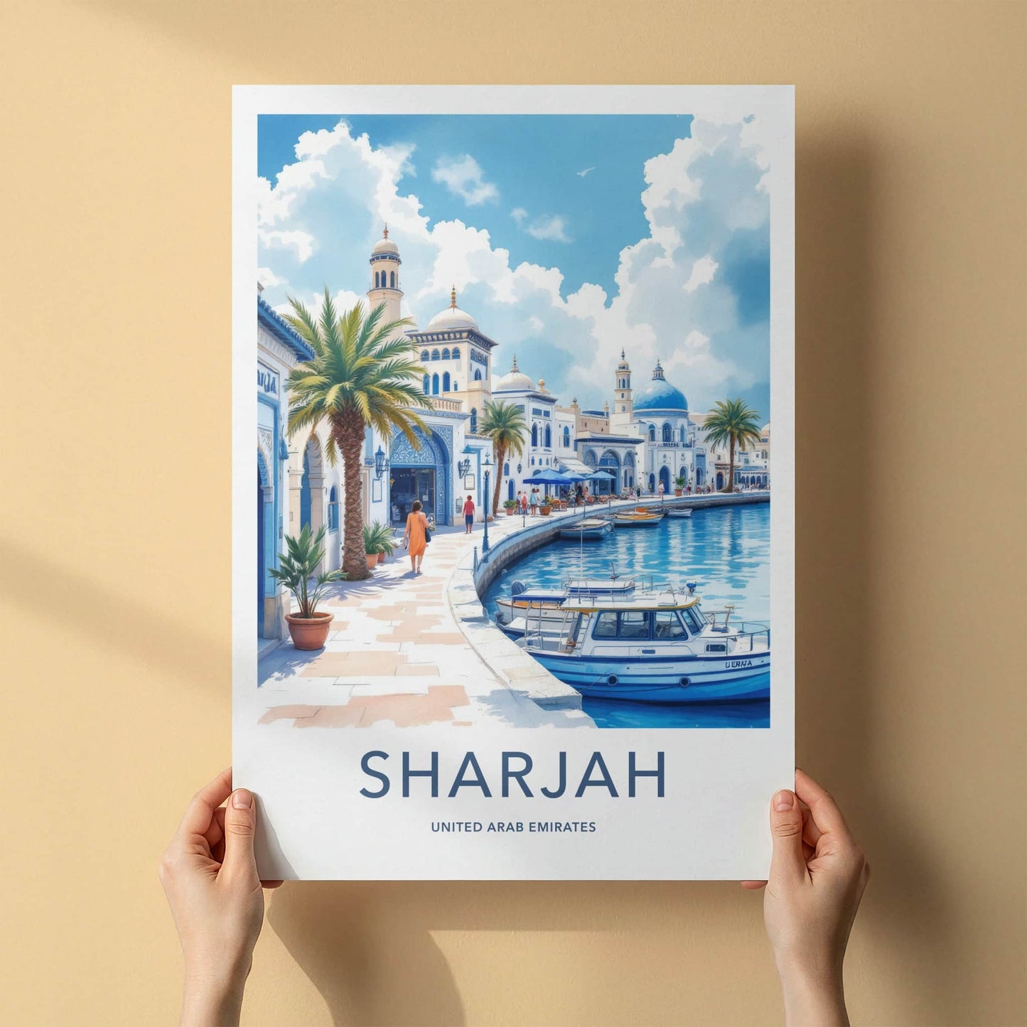 Sharjah Poster - United Arab Emirates Travel Art - White Blue Waterfront Wall Decor