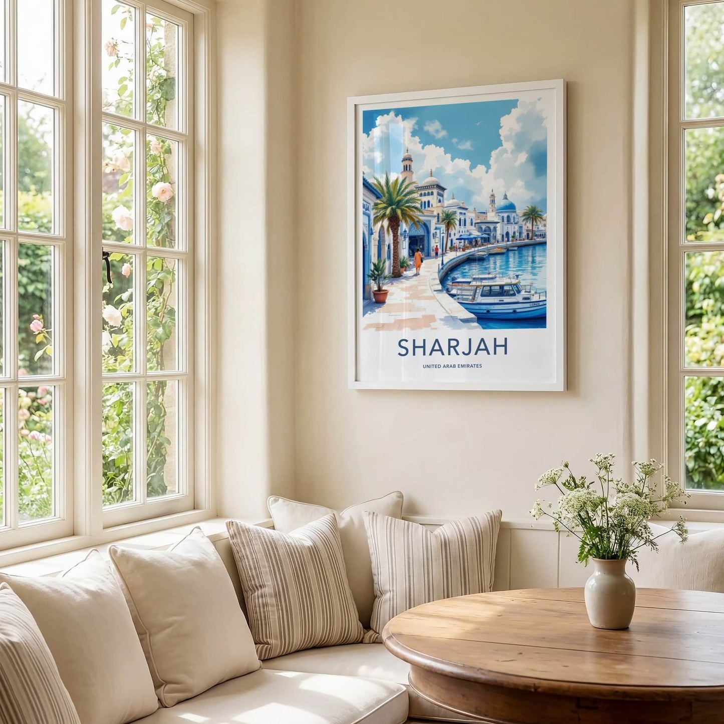Sharjah Poster - United Arab Emirates Travel Art - White Blue Waterfront Wall Decor