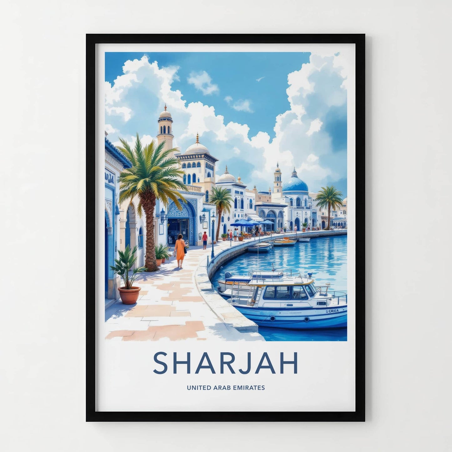 Sharjah Poster - United Arab Emirates Travel Art - White Blue Waterfront Wall Decor